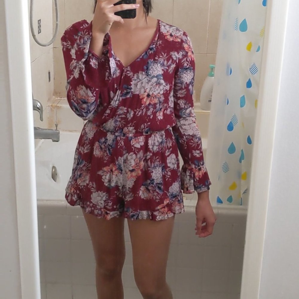 Burgundy Floral Long Sleeve Romper